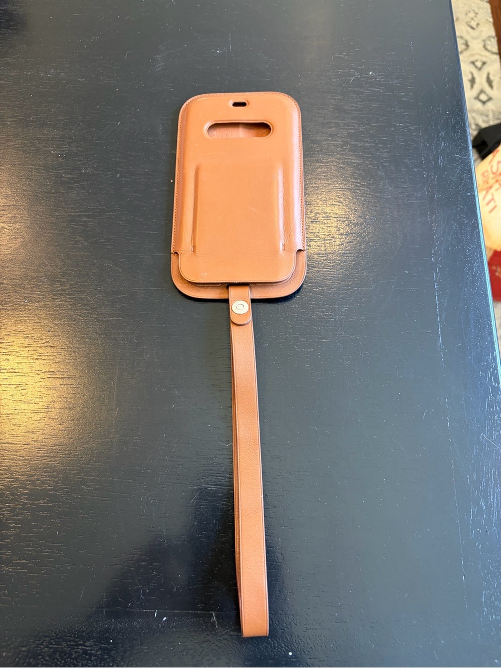 iPhone 12 Leather Phone Wristlet Strap Case - Tan